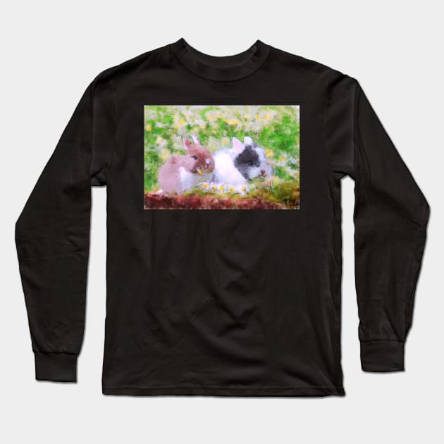 Springtime Bunnies Impressionist Painting Long Sleeve T-Shirt by BonBonBunny